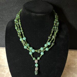 Vintage Sterling Silver Jade & Green Glass Beads Triple Strand Layered Necklace